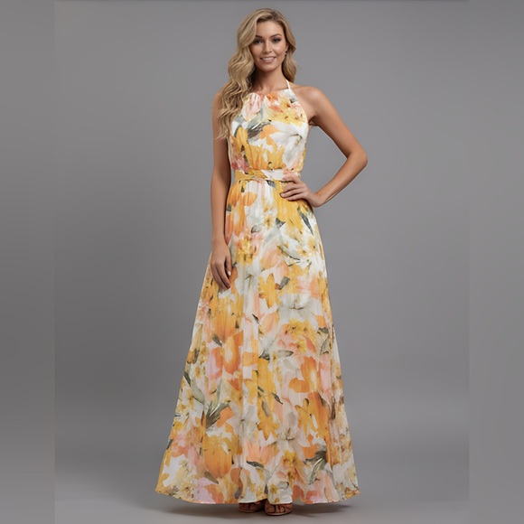 By Design Dresses & Skirts - Boho Floral Print Chiffon Halter Dress